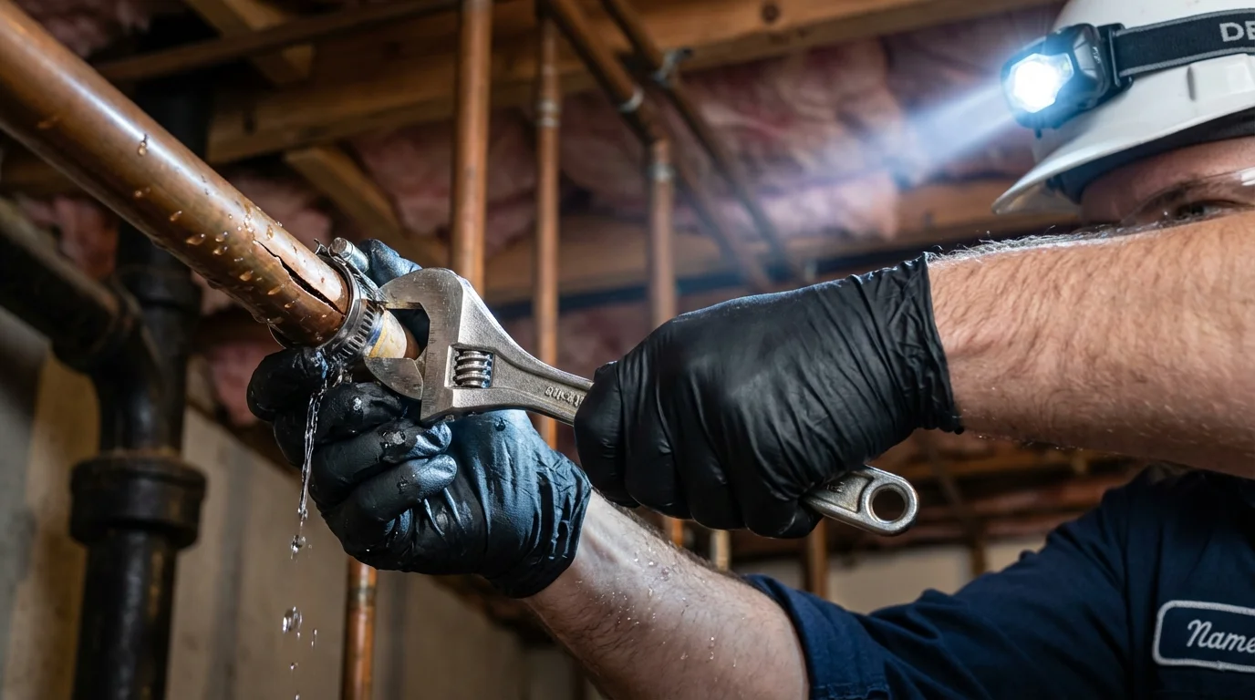 Emergency pipe clamp repair being performed by a Johns Plumbing LLC plumber in Britt